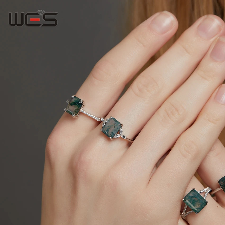 Mossé Moss Agate Emerald-Cut Ring in 925 Sterling Silver