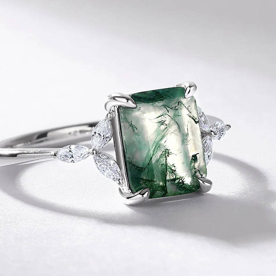 Mossé Moss Agate Emerald-Cut Ring in 925 Sterling Silver