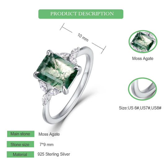 Mossé Moss Agate Emerald-Cut Ring in 925 Sterling Silver